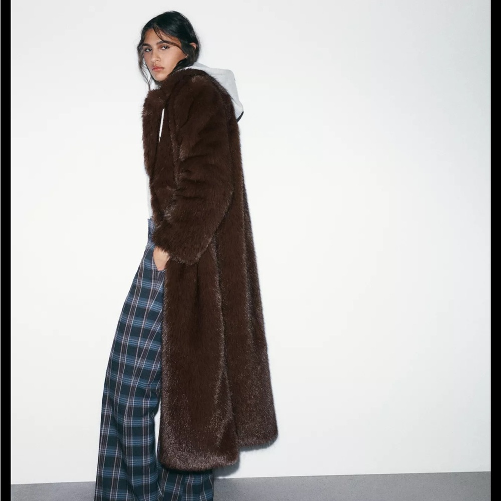 Zara Dark Brown Extra Long Faux Fur Jacket - Picture 6 of 10